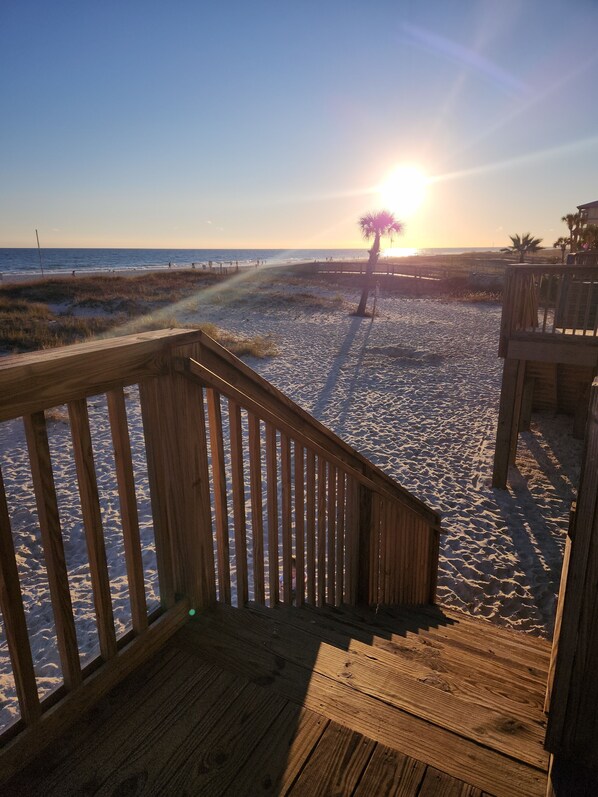 A wooden staircase leading to a beach with a palm tree and a sunset in the background.