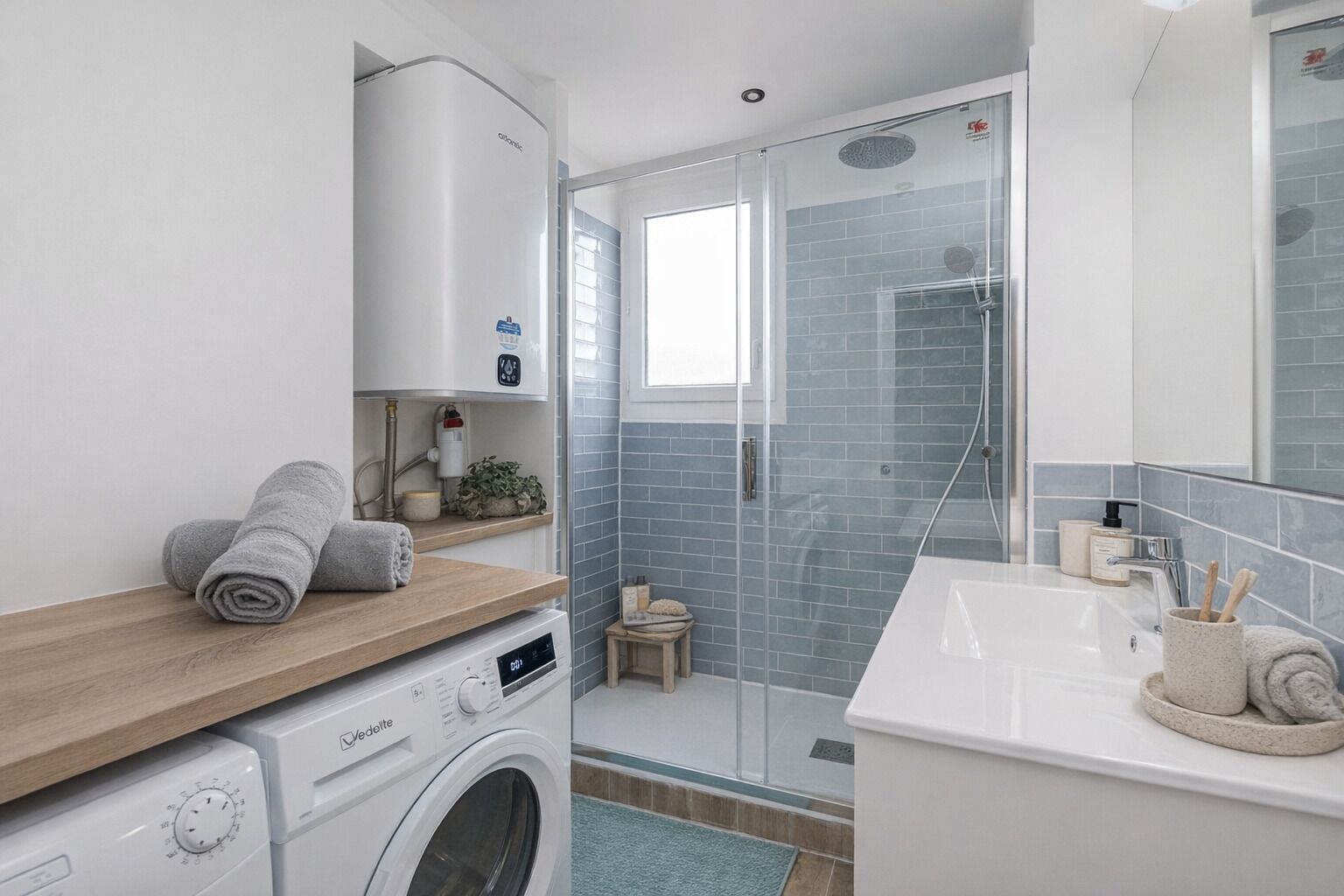 Hair dryer, towels, soap