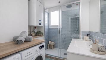 Hair dryer, towels, soap