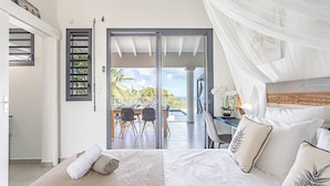 Un dormitorio con cama, escritorio y vistas al exterior.