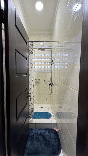 Regadera, toallas, jabón, papel de baño 