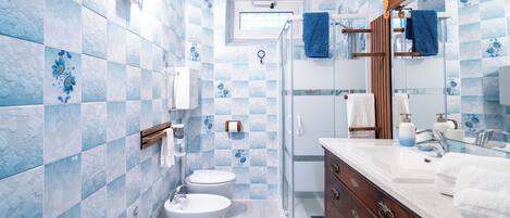 Shower, hair dryer, bidet, towels