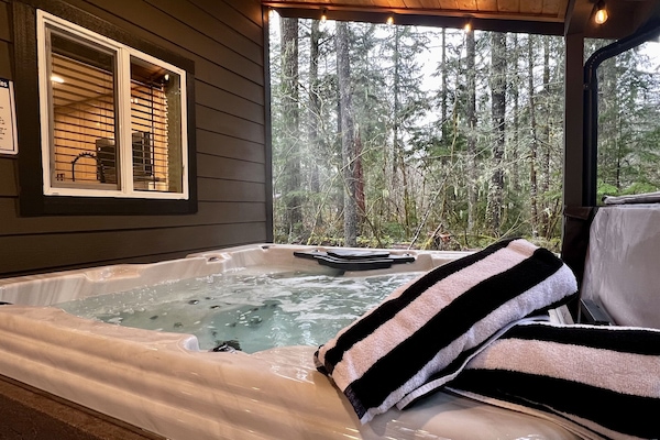 Covered hot tub for relaxing