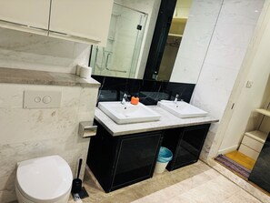 Douche, sèche-cheveux, serviettes fournies, papier toilette