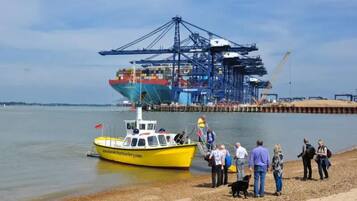 A ferry dock with a yellow boat, a large cargo ship, and a pier with cranes.