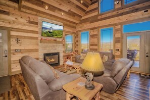 Smart TV, fireplace, video games, DVD player
