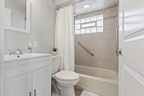 Hair dryer, towels, soap, toilet paper