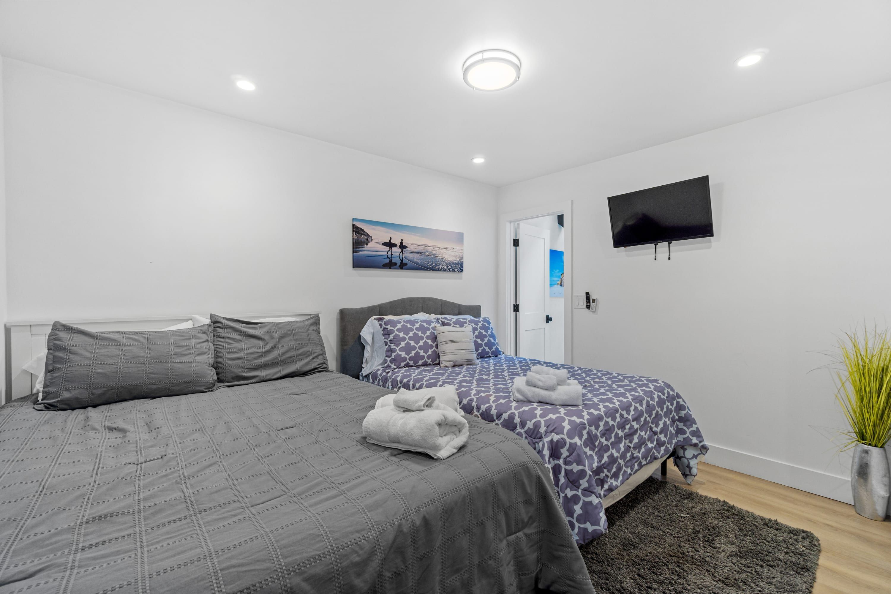 Un dormitorio con dos camas, un televisor de pantalla plana, un cuadro y una planta en maceta.
