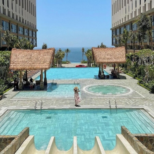 2 outdoor pools, open 6:00 AM to 8:00 AM, free cabanas, pool umbrellas