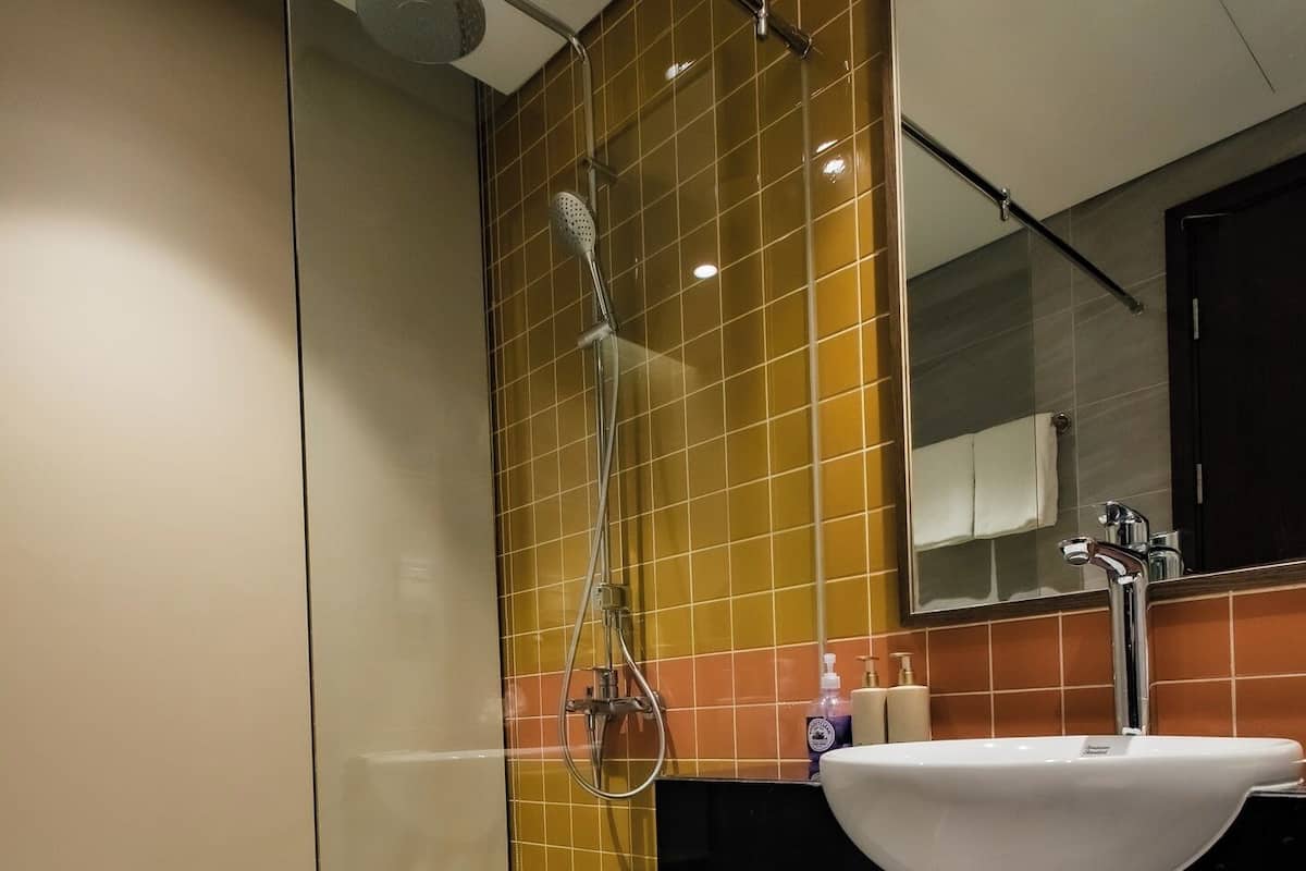 Shower, hydromassage showerhead, designer toiletries, hair dryer