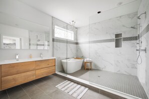 Shower, hair dryer, towels
