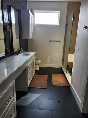 Hair dryer, towels, soap, toilet paper