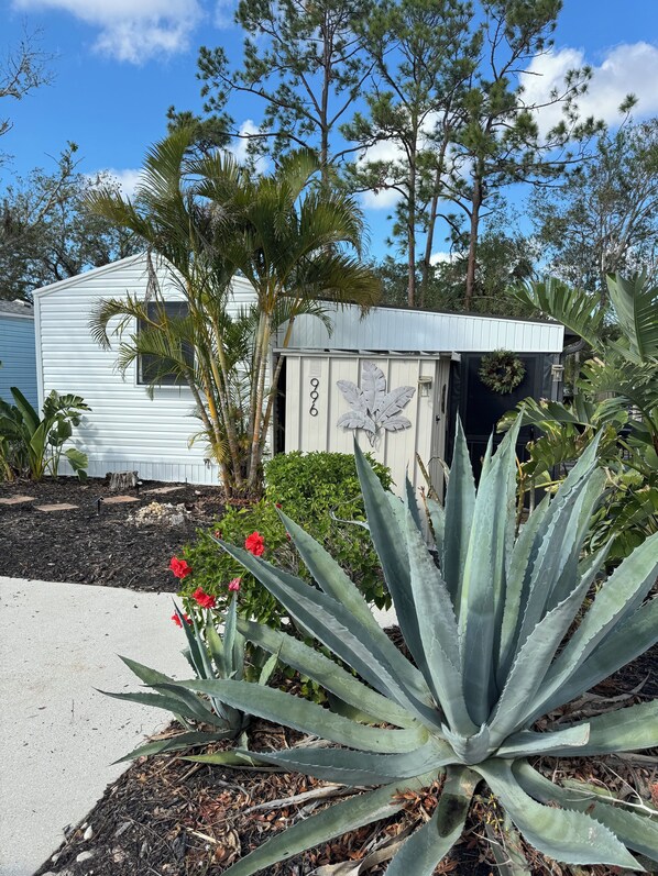 A small, single-story building with a white exterior, surrounded by various plants and trees.