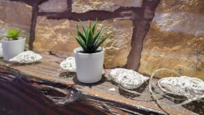 Superficie de madera rústica con una planta en maceta, una maceta blanca pequeña y cuerdas decorativas blancas.