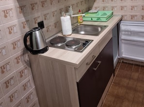 Fridge, stovetop, cookware/dishes/utensils