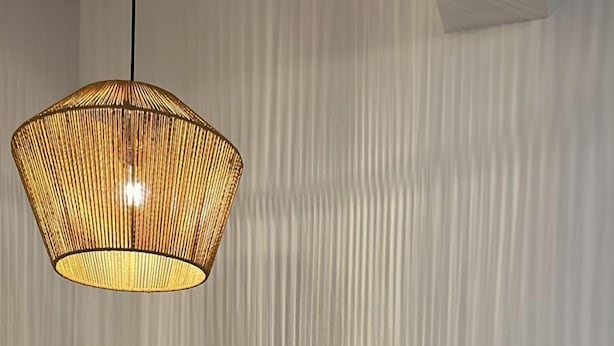 A room with a bed, a striped pillow, a hanging light fixture, and a plant. - Edificio La Esquina Cesar Mariscos (Tela)