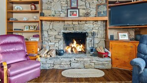 Una sala de estar acogedora con chimenea de piedra, estanterías de madera, televisor y asientos mullidos.
