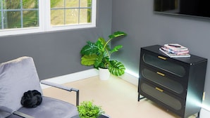 Uma sala de estar moderna com um sofá cinza, uma mesa de centro preta com uma planta, um armário preto com livros e uma janela grande com vista para vegetação.
