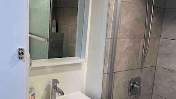 Hair dryer, towels, soap, toilet paper