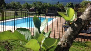 Ein Schwimmbecken mit Holzterrasse und Metallzaun, umgeben von Grünpflanzen und Blick auf ferne Berge.
