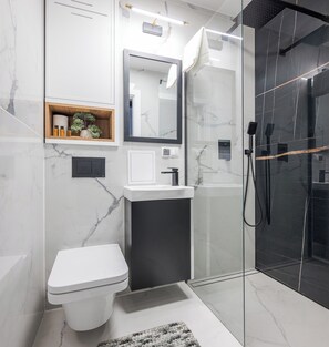 Shower, hair dryer, towels