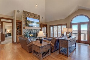 Smart TV, fireplace, DVD player, foosball