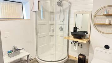 Hair dryer, towels, soap, toilet paper