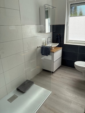 Shower, hair dryer, towels, soap
