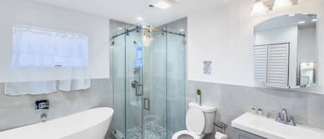 Regadera, toallas, jabón, papel de baño