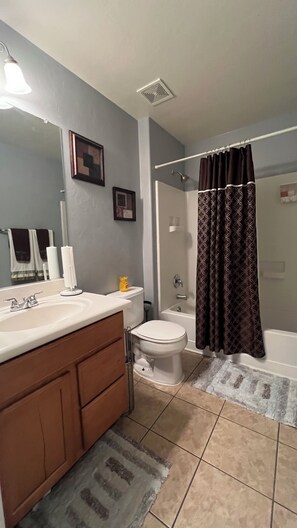 Hair dryer, towels, soap, shampoo