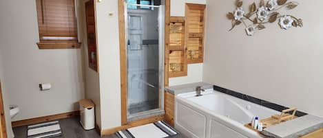 Shower, jetted tub, hair dryer, towels