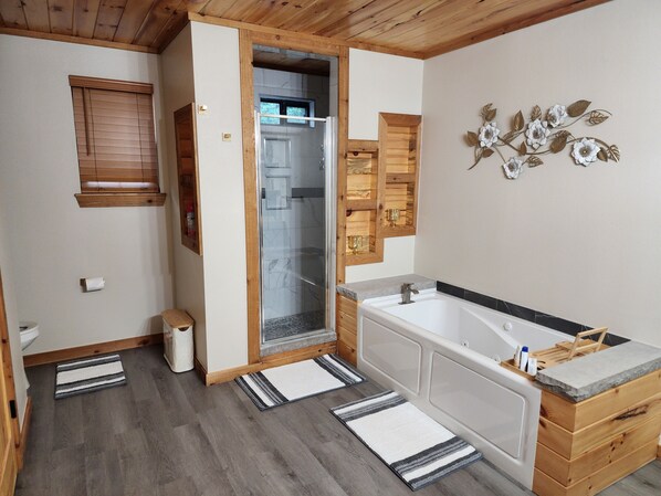 Shower, jetted tub, hair dryer, towels