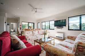 Smart TV, fireplace, DVD player, books