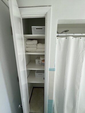 Hair dryer, towels, soap, shampoo