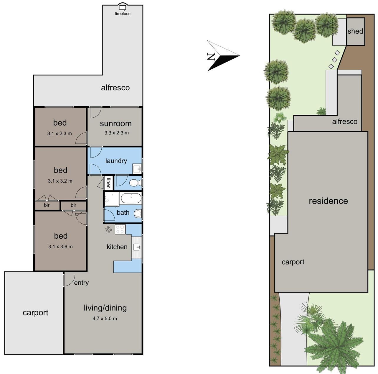 A floor plan with a carport, living/dining area, kitchen, sunroom, laundry, and multiple bedrooms.