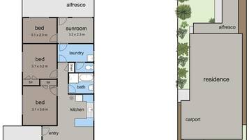 A floor plan with a carport, living/dining area, kitchen, sunroom, laundry, and multiple bedrooms.