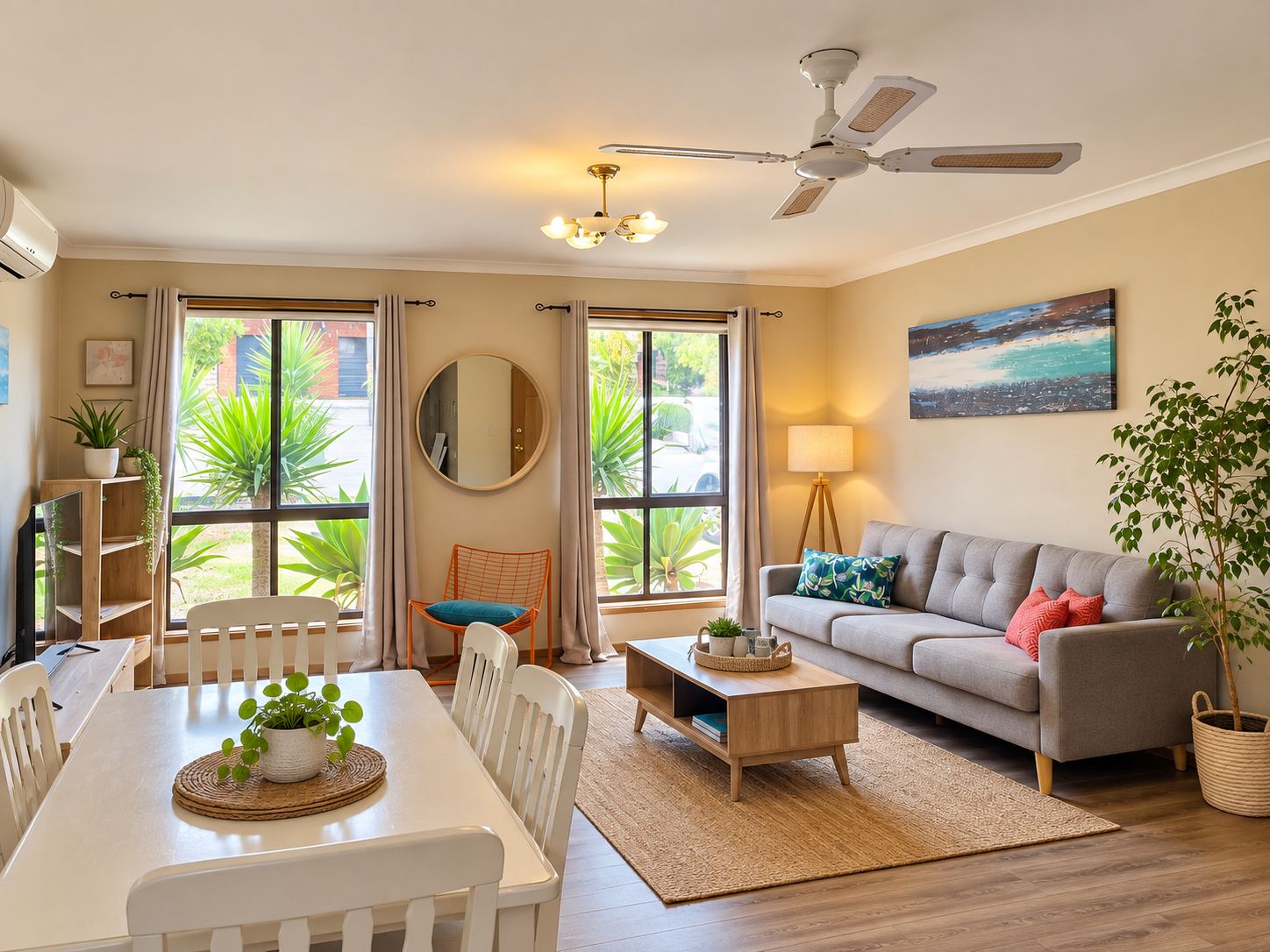 Ein helles Wohnzimmer mit einer Couch, einem Esstisch mit Stühlen, einem Deckenventilator und großen Fenstern mit Pflanzen.
