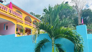 A blue wall with a palm tree in front. - Charming 3-bedroom house with AC and WiFi in Negril (Negril)