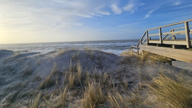Een houten looppad dat naar een strand leidt, met duinen en een heldere lucht.