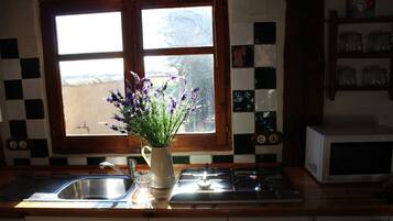 Een koelkast, een microgolfoven, een kookplaat