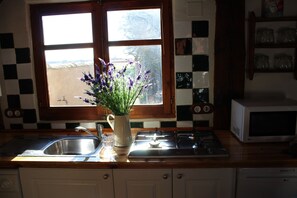 Fridge, microwave, stovetop, coffee/tea maker