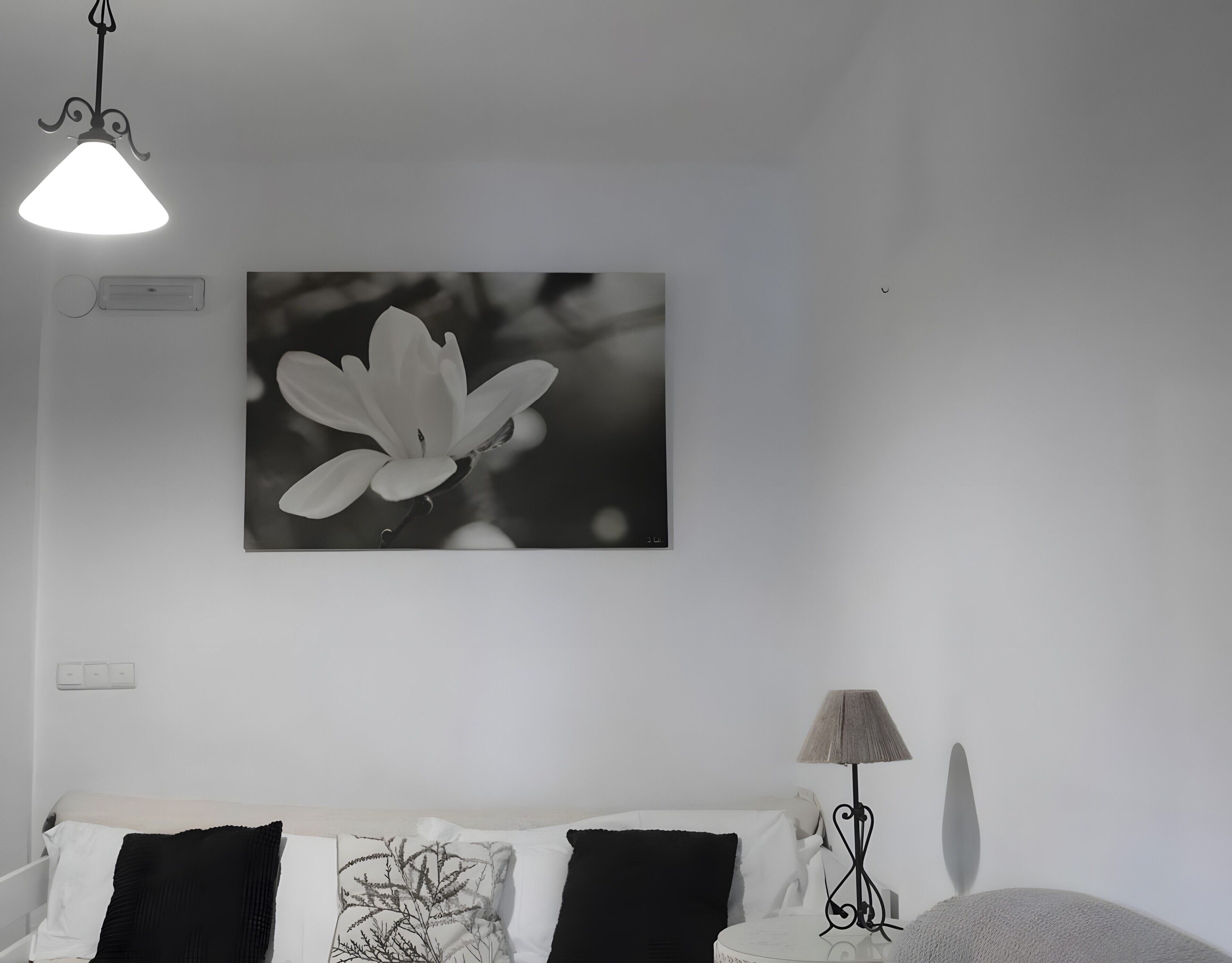 Un dormitorio con cama, mesita de noche con lámpara, un cuadro de flor colgado en la pared y una lámpara en el techo.