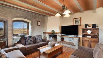 Televisión, chimenea, reproductor de DVD, mesa de ping pong