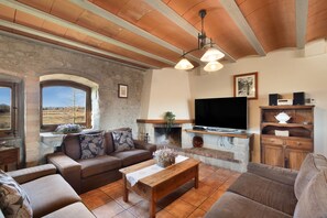 Televisión, chimenea, reproductor de DVD, mesa de ping pong