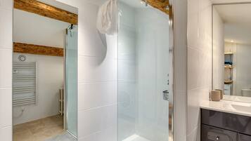 Shower, hair dryer, towels