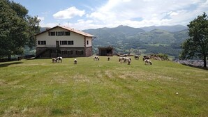 A two-story building with a stone foundation and a flat roof, surrounded by a grassy field with several horses grazing.