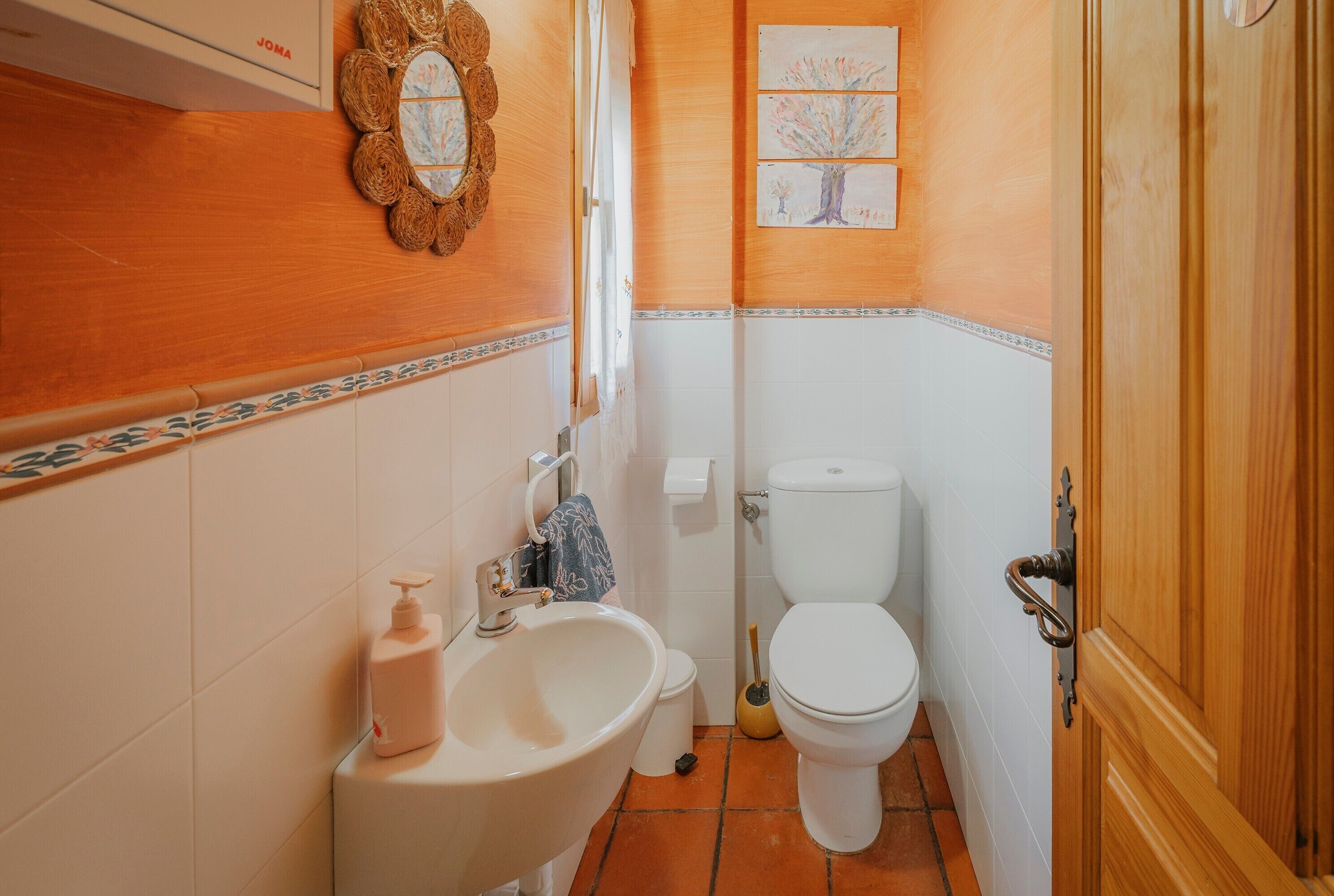 A bathroom with a sink, toilet, and a mirror.