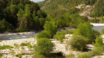 Eine natürliche Landschaft mit Fluss, Grünflächen und Hügeln.