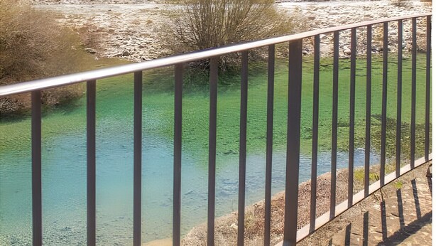 Un río de aguas claras, rodeado de un bosque denso y una barandilla de metal.
