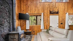 Un interior de cabaña acogedor, con pared de piedra, paneles de madera, estufa de piedra, sofá de cuero y televisor.
